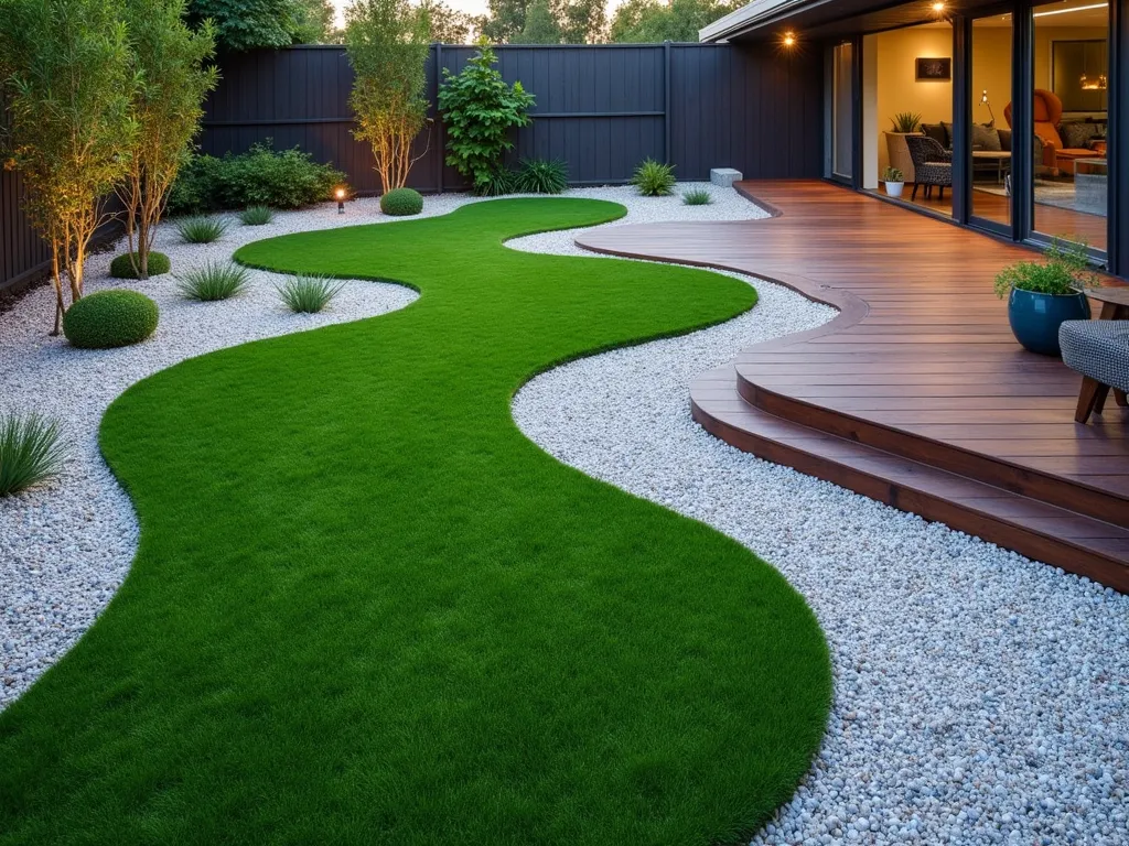 Modern Curved Artificial Lawn Design - A small contemporary garden featuring a sweeping S-curved artificial grass lawn in vibrant emerald green, bordered by light gray decorative gravel and rich brown composite decking. The curves flow elegantly through the space, creating a modern, artistic pattern. The grass appears lush and perfectly manicured, with clean edges against the contrasting materials. Soft evening lighting highlights the curved transitions between materials. Shot from a slight elevated angle to showcase the flowing design pattern, with subtle garden lighting creating gentle shadows that emphasize the curves.