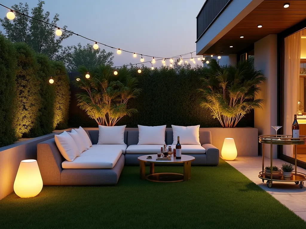 Modern Urban Garden Cocktail Lounge - A cozy outdoor garden lounge at twilight featuring a plush artificial grass base, illuminated by warm string lights and modern LED floor lamps. A sleek grey modular sofa with white cushions sits on the grass, accompanied by a contemporary glass-top side table. A metallic gold bar cart with cocktail essentials stands nearby. Modern metal planters with tall bamboo create privacy screens. The intimate space is decorated with geometric outdoor lanterns casting atmospheric shadows, while uplighting highlights architectural features. Photorealistic, cinematic lighting, architectural photography style.