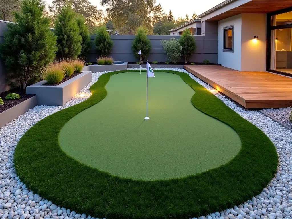 Modern Garden Mini Golf Green - A pristine small putting green made of premium artificial grass in a modern backyard setting, featuring gentle undulations and a regulation golf hole with flag. The putting area is beautifully landscaped with smooth curves, measuring approximately 12 feet by 8 feet. Low-profile LED path lights illuminate the edges, while decorative white pebbles create a clean border around the green. A sleek wooden deck viewing area sits adjacent to the putting surface, complemented by contemporary planters containing ornamental grasses. Photographed during golden hour with soft, warm lighting casting subtle shadows across the textured putting surface.