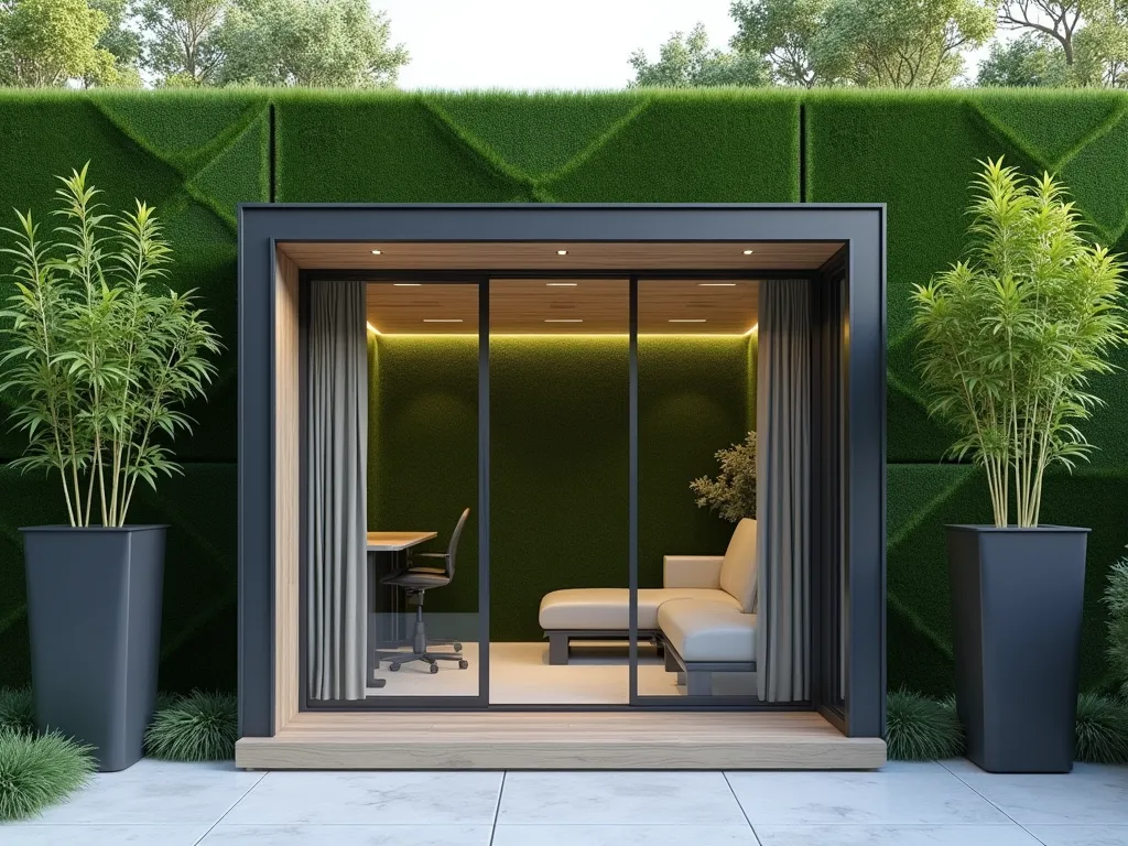 Modern Garden Office with Artificial Grass Backdrop - A sleek modern garden office pod with floor-to-ceiling windows, set against a pristine artificial grass wall backdrop, flanked by tall contemporary charcoal-colored planters containing sculptural bamboo. Clean lines and minimalist design, with subtle LED strip lighting highlighting the grass texture. The artificial grass wall features a geometric pattern, creating a professional yet natural ambiance. Soft morning light casting gentle shadows, photography style architectural visualization, ultra-detailed, 8k resolution