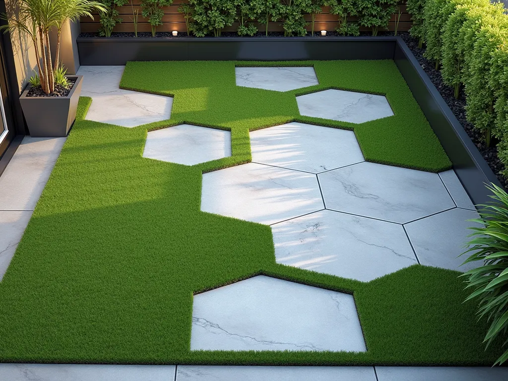 Modern Geometric Artificial Grass Pattern - A sleek modern small garden featuring a striking geometric pattern created with artificial grass and light grey concrete pavers. The design shows a sophisticated hexagonal pattern where artificial turf alternates with pavers in a tessellating arrangement. The grass is a vibrant emerald green, perfectly manicured, contrasting beautifully with the smooth concrete. The space is photographed from a high angle to showcase the geometric layout, with subtle outdoor lighting highlighting the pattern edges. Modern minimalist planters in charcoal grey are strategically placed at the corners. The overall scene has a clean, contemporary aesthetic with sharp lines and perfect symmetry, photographed during golden hour for optimal lighting.