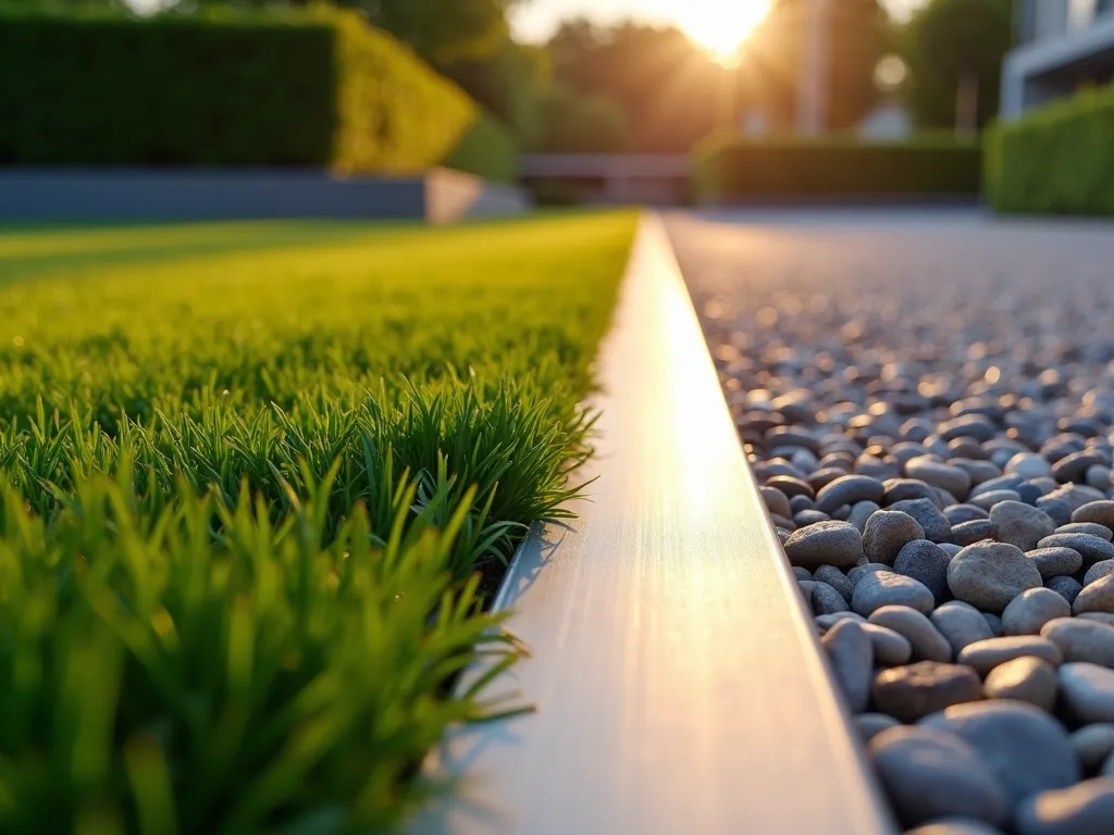 Modern Metal Border Edge with Artificial Grass - A close-up perspective of a pristine artificial lawn meeting a sleek, brushed aluminum border edging, shot during golden hour. The metal edge creates a perfect, clean line between the vibrant green synthetic grass and a contemporary gravel pathway. The border rises slightly above ground level, with professional installation details visible. Soft natural lighting emphasizes the contrast between materials, showing the precise engineering of the border system. Modern minimalist garden design with crisp shadows casting across the surface.