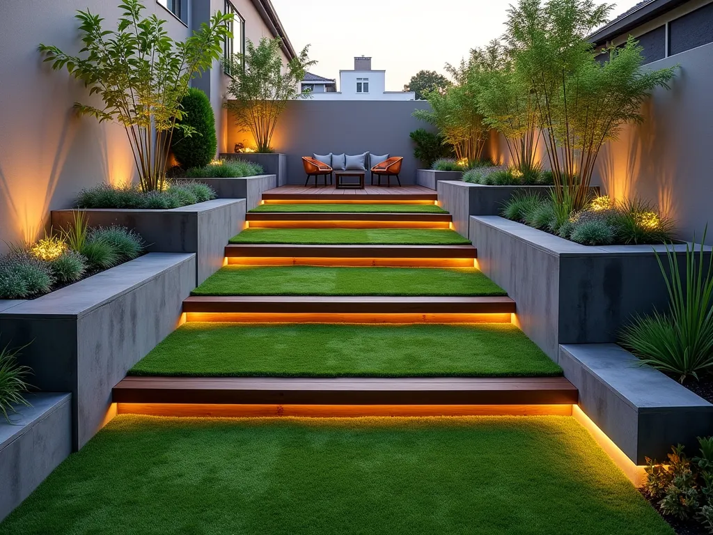 Modern Split-Level Artificial Grass Garden - A contemporary small garden design featuring three elegant tiered levels with lush artificial grass, connected by modern floating wooden steps. The levels are supported by sleek gray stone retaining walls. The lowest level features a cozy seating area with minimalist furniture, while potted bamboo and ornamental grasses add height and texture at each level. Soft ambient lighting illuminates the steps and highlights the different garden zones. The highest tier includes built-in planters with drought-resistant succulents, creating a harmonious blend of artificial and natural elements in an intimate urban setting. Photographed during golden hour with dramatic shadows casting across the artificial turf.