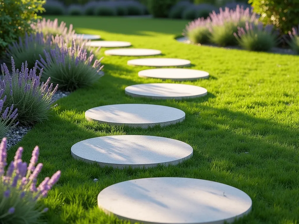 Modern Stepping Stone Path Through Artificial Grass - A serene garden path with sleek, light gray circular concrete stepping stones arranged in a gentle curved pattern through pristine artificial grass. The stones are evenly spaced and surrounded by perfectly manicured synthetic turf in a natural emerald green shade. Soft afternoon sunlight casts subtle shadows across the path, creating a peaceful, inviting atmosphere. Small ornamental grasses and lavender plants line the edges of the path, adding texture and visual interest. Photorealistic, high-end landscape photography style.