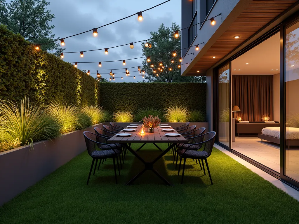 Modern Urban Dining Terrace with Artificial Grass - A cozy urban garden dining terrace at dusk, featuring pristine artificial grass flooring, a sleek modern glass-top dining table with 6 contemporary mesh chairs. Warm string lights criss-cross overhead creating an intimate ambiance. The space is bordered by modern rectangular planters containing ornamental grasses. The artificial turf is a perfect emerald green, meticulously maintained, providing a lush foundation for the sophisticated outdoor entertainment area. Soft ambient lighting creates a warm, welcoming atmosphere, with the evening sky visible above. Photorealistic, architectural visualization style, 8k quality.