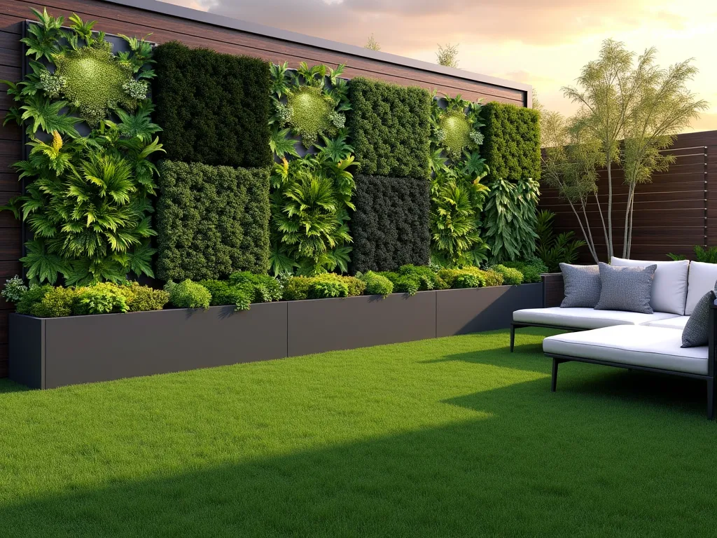 Modern Living Wall with Artificial Grass Patio - A contemporary small garden space featuring a stunning vertical living wall with lush artificial grass below, photographed from a 45-degree angle. The artificial grass is perfectly manicured and emerald green, covering a 10x10 foot area. The vertical wall showcases a mix of artificial greenery in varying shades, including ferns, ivy, and boxwood panels, creating a textured 3D effect. Modern charcoal grey planters line the edges where the grass meets the wall. Soft ambient lighting illuminates the living wall, creating gentle shadows. The scene is styled with minimal modern outdoor furniture, including a sleek white outdoor sofa with grey cushions. Shot during golden hour with dramatic lighting, ultra-detailed, architectural photography style.