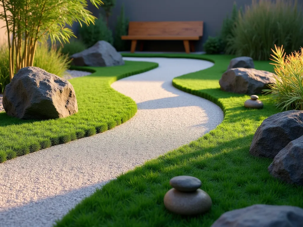 Modern Zen Garden with Artificial Grass - A serene small garden space featuring alternating strips of emerald artificial grass and light gray gravel arranged in gentle waves, creating a contemporary Zen pattern. Carefully placed dark granite boulders and smaller stones act as focal points. A simple bamboo water feature sits in one corner, while strategically placed Japanese forest grass adds texture along the edges. The scene is captured during golden hour, casting soft shadows across the peaceful design, with a minimalist wooden bench in the background. The composition emphasizes clean lines and peaceful symmetry, photographed from a slightly elevated angle to showcase the meditative patterns.