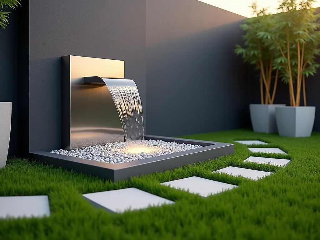 Modern Zen Water Feature with Artificial Grass - A serene modern garden scene featuring a sleek stainless steel water blade cascading into a small pebble-filled basin, surrounded by immaculate artificial grass. The water feature is positioned against a dark grey contemporary wall, creating dramatic contrast. Soft LED lighting illuminates the falling water, creating a peaceful ambiance. The artificial grass is a vibrant emerald green, perfectly manicured, and curves naturally around the water feature. Small geometric concrete stepping stones lead to the feature, while minimal bamboo plants in modern planters frame the scene. Photographed during golden hour with water droplets catching the light.