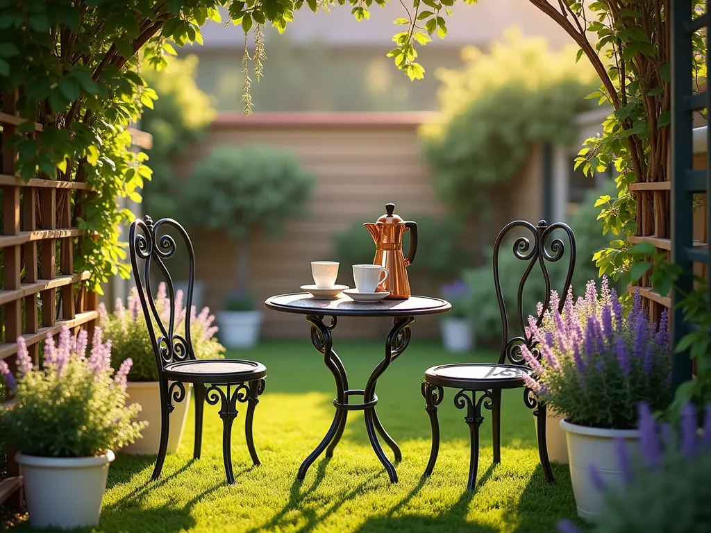 Intimate Morning Coffee Garden Nook - A charming intimate garden nook featuring a rustic French bistro-style metal table and two chairs on vibrant artificial grass, bathed in soft morning sunlight. Surrounding the seating area are white ceramic pots containing fragrant lavender and rosemary plants. A copper coffee pot and two vintage cups sit on the table. The scene is framed by a small trellis with climbing jasmine, creating a cozy, enclosed feeling. Photorealistic, morning dew visible on plants, warm golden hour lighting, shallow depth of field, f/2.8 aperture