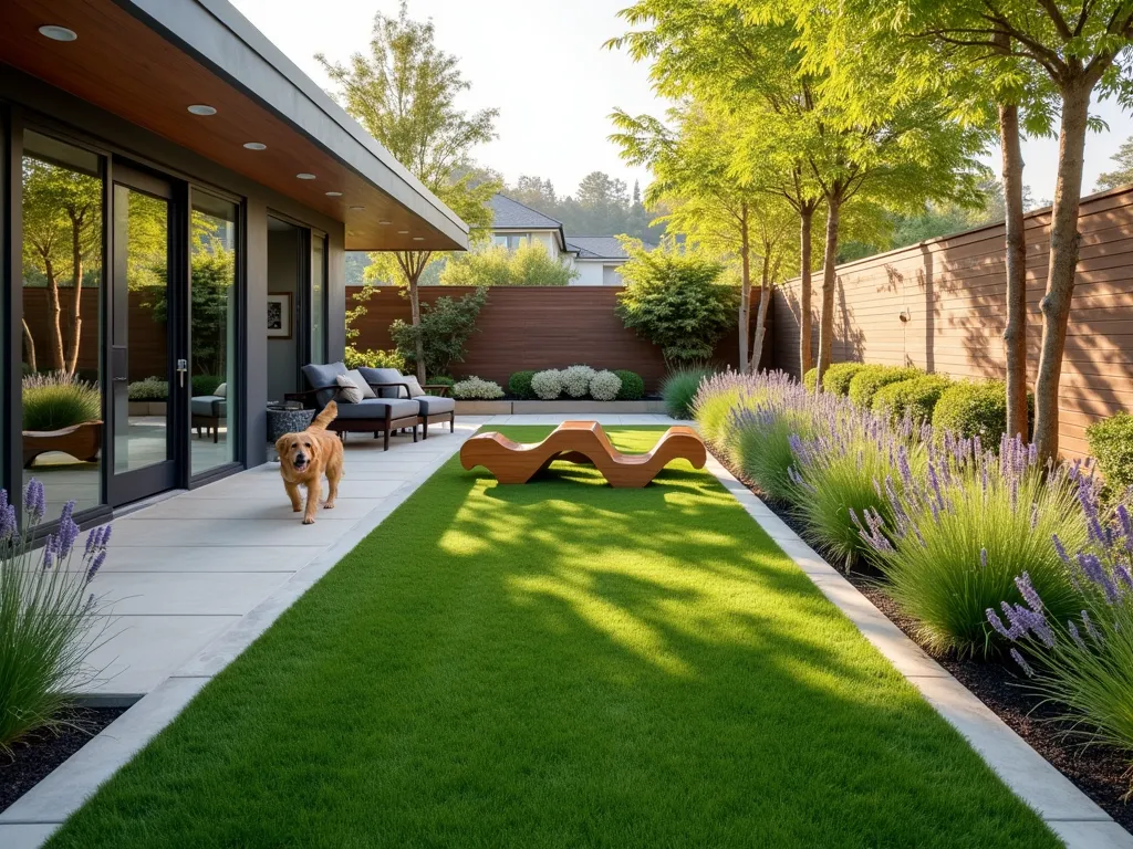 Pet-Friendly Artificial Grass Haven - A charming small garden space with lush, high-quality artificial grass, photographed in warm afternoon light. Features a dedicated pet play area with a modern, bone-shaped agility course seamlessly integrated into the design. The space includes a small, elevated deck area with contemporary outdoor furniture, bordered by low maintenance ornamental grasses and lavender. A sleek, modern drainage system is visible along the edges, with a subtle slope for proper water flow. A playful golden retriever is seen enjoying the space, creating a lifestyle scene. The artificial turf appears plush and natural, with varying shades of green, creating a realistic lawn appearance. Architectural photography style, f/8, soft natural lighting.