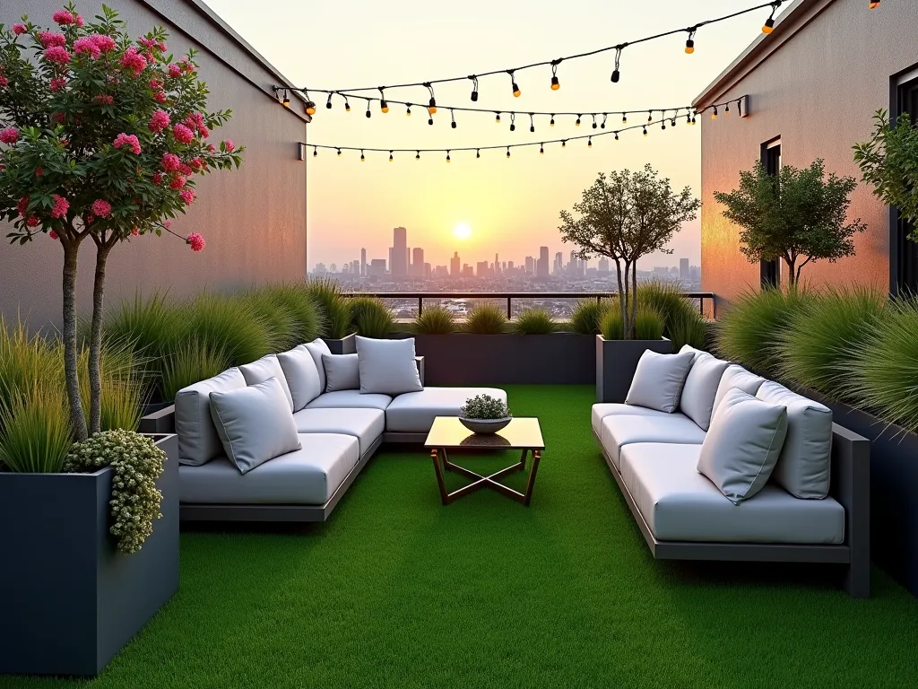 Urban Rooftop Garden Paradise - A cozy rooftop garden terrace featuring wall-to-wall emerald artificial grass, photographed during golden hour. Modern grey outdoor sofas with plush white cushions create an inviting seating area. Large contemporary planters line the edges containing cascading bougainvillea, ornamental grasses, and Mediterranean olive trees. String lights criss-cross overhead, and the cityscape creates a stunning backdrop. The artificial turf appears lush and manicured, seamlessly integrating with the modern design. Soft ambient lighting and a small glass coffee table complete the luxurious urban oasis feel. Photorealistic style, architectural photography.