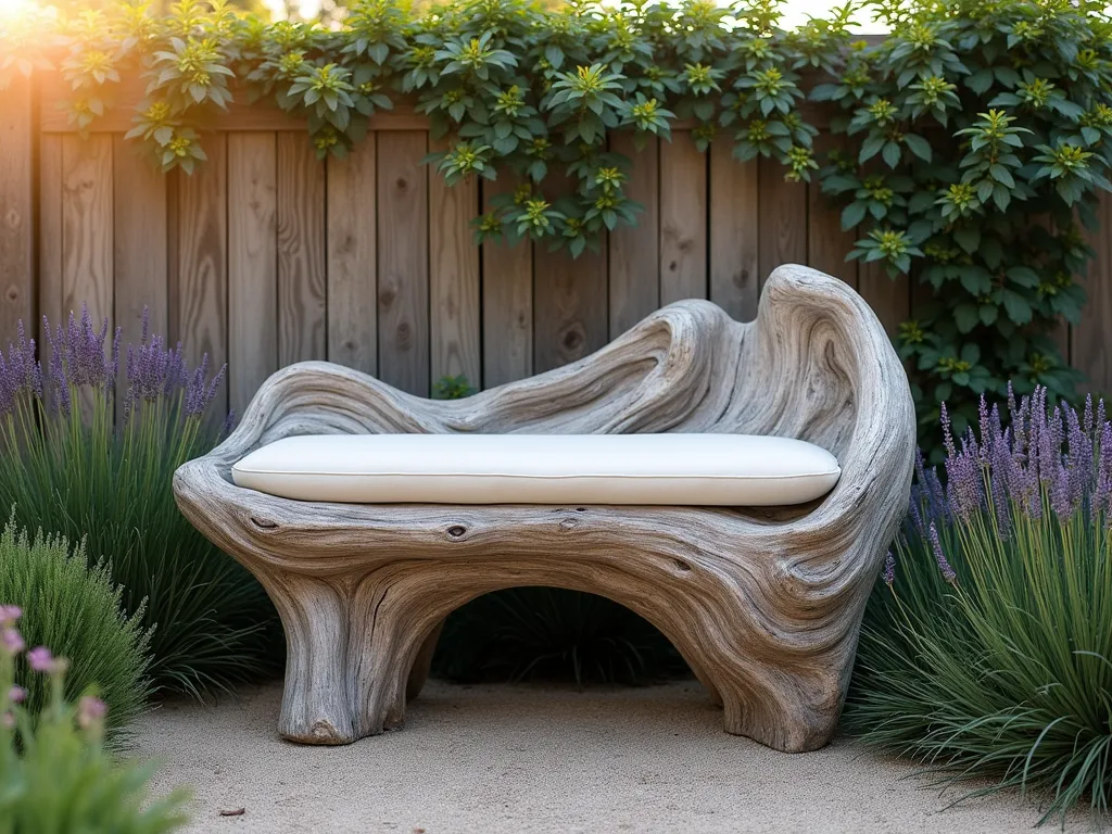 Artistic Driftwood Garden Bench - A naturally beautiful garden bench crafted from weathered driftwood pieces artfully assembled into a sculptural form, nestled in a peaceful garden corner. Soft golden late afternoon sunlight filters through surrounding coastal grasses. The bench features smooth, silvered wood pieces flowing organically together, topped with a plush cream-colored waterproof cushion. Ornamental beach grass and lavender sway gently around the base, while climbing jasmine creates a fragrant backdrop on a rustic wooden fence. Photorealistic, high-end garden photography style, soft natural lighting, 8k resolution