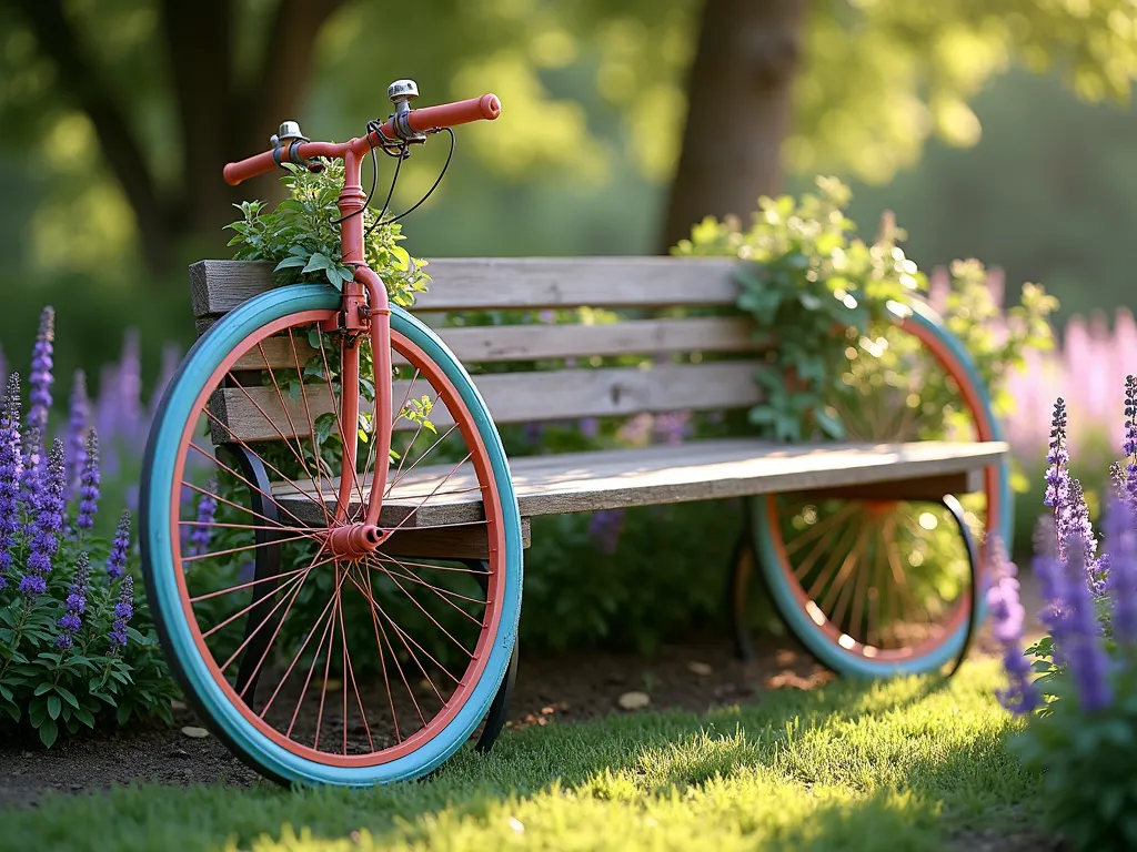 Whimsical Bicycle Wheel Garden Bench - A charming garden bench made from upcycled vintage bicycle wheels painted in vibrant teal and coral colors, connected by a natural wood plank seat. The artistic bench is positioned in a cottage garden setting with blooming lavender and purple salvia flowers surrounding it. Soft afternoon sunlight filters through nearby trees, casting dappled shadows on the rustic wooden seat. The bicycle wheels feature intricate spoke patterns that add geometric interest, while climbing jasmine vines delicately weave through one wheel. Photorealistic, high detail, warm vintage atmosphere, soft bokeh background.