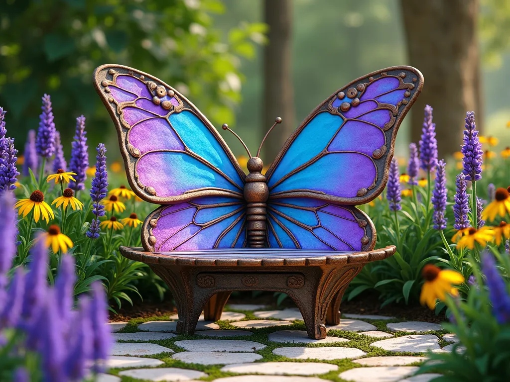 Enchanted Butterfly Wing Garden Bench - A magical garden scene featuring a unique butterfly-shaped bench with vibrant iridescent purple and blue metal wings that fold out as seats, set against a lush cottage garden backdrop. The bench's wings are designed with delicate metalwork patterns reminiscent of real butterfly wings, with a golden metallic finish on the edges. The center of the bench includes a hidden storage compartment. Surrounded by flowering lavender, purple coneflowers, and bright yellow black-eyed susans. Soft afternoon sunlight filters through nearby trees, creating a whimsical, fairytale atmosphere. The bench is positioned on a circular paver patio with moss growing between the stones, photorealistic, high detail, magical garden setting.