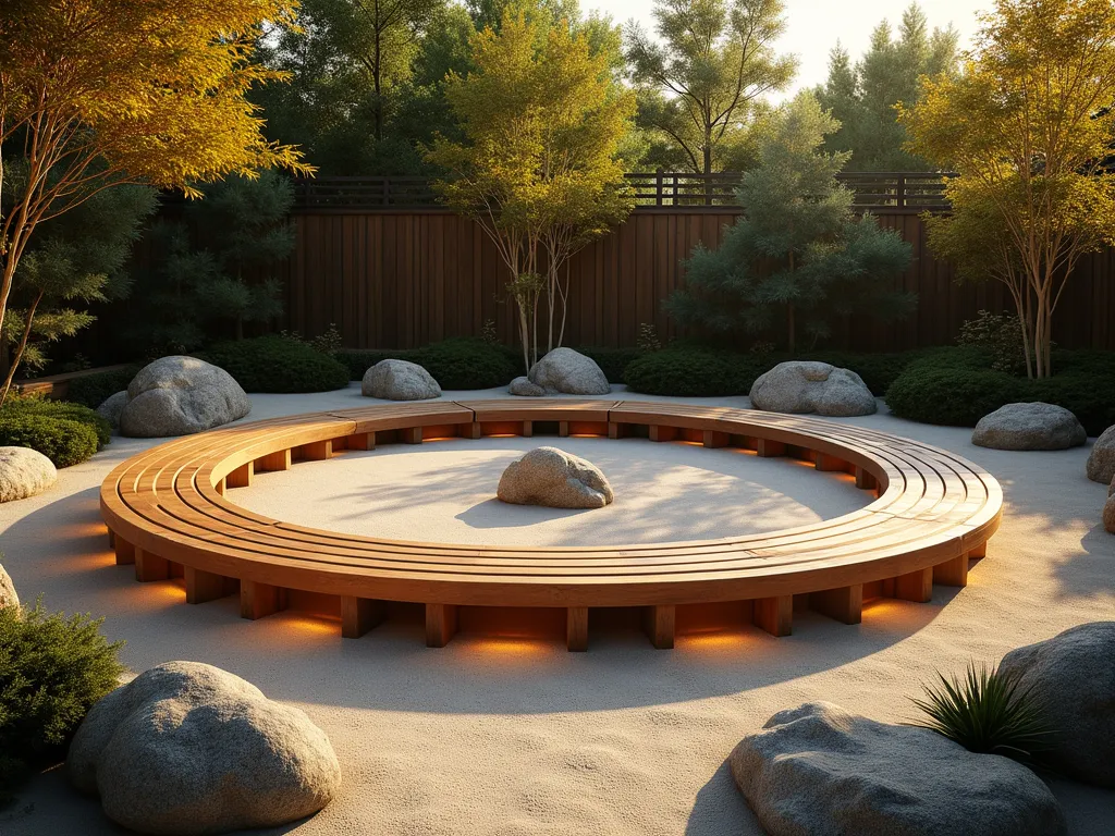 Circular Zen Garden Bench with Sand Garden - A serene circular wooden bench made from sustainable teak, surrounding a meticulously raked sand garden with carefully placed rocks. The bench features gentle curves and ergonomic seating, illuminated by warm LED ground lights. Japanese maple and bamboo plants frame the peaceful scene. Photorealistic, golden hour lighting, architectural photography style, tranquil atmosphere, 8k resolution.