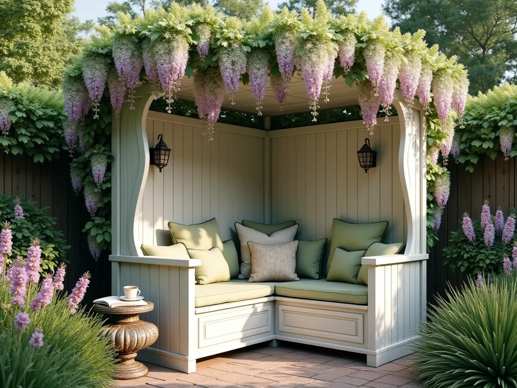 Enchanted Garden Reading Nook - A charming garden reading nook featuring a custom L-shaped wooden bench with high wingback sides, nestled in a peaceful garden corner. Above, a small white-painted wooden pergola draped with flowering wisteria provides dappled shade. The bench includes built-in weatherproof storage compartments beneath hinged seats, styled with plump waterproof sage green and cream cushions. Surrounding the nook are climbing roses, lavender bushes, and ornamental grasses creating a sense of privacy. A small vintage-style side table holds a cup of tea and an open book. Natural afternoon sunlight filters through the pergola, creating a cozy, intimate atmosphere. Photorealistic, cottagecore aesthetic.