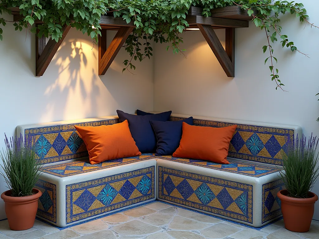 Mediterranean Mosaic Corner Bench - A cozy L-shaped garden corner bench made of concrete blocks covered in vibrant blue, turquoise, and golden mosaic tiles arranged in intricate Mediterranean patterns. The bench is nestled against whitewashed walls in a small garden corner, surrounded by terracotta pots filled with lavender and rosemary. Plump colorful cushions in rich oranges and deep blues rest on the seating surface. Soft evening lighting highlights the sparkle of the mosaic tiles, while climbing bougainvillea drapes gracefully above, creating a magical Mediterranean garden atmosphere. Photorealistic, high detail, architectural photography style.