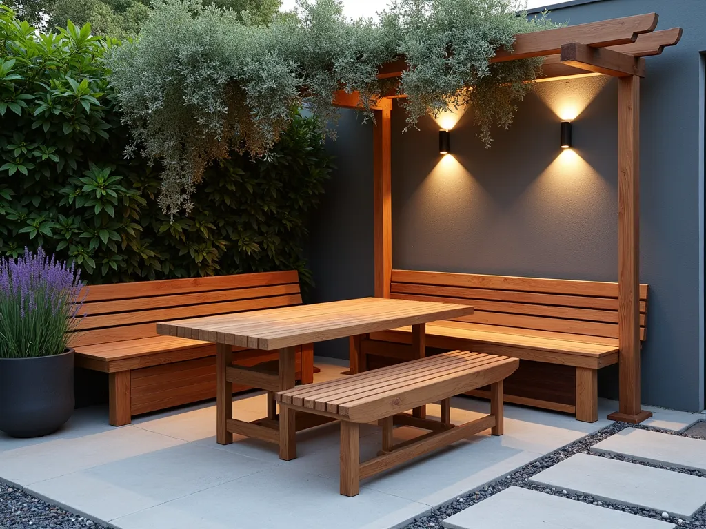 Modern Transforming Garden Bench-Table - A stylish wooden convertible bench in a modern garden setting, captured mid-transformation from bench to table. The piece features sleek teak slats and clever folding mechanism, with partially visible storage compartment underneath. Set against a lush patio corner with potted lavender and climbing jasmine on a contemporary pergola. Soft evening lighting creates warm ambiance, highlighting the bench's craftsmanship. Minimalist concrete pavers and small decorative pebbles complete the intimate space.