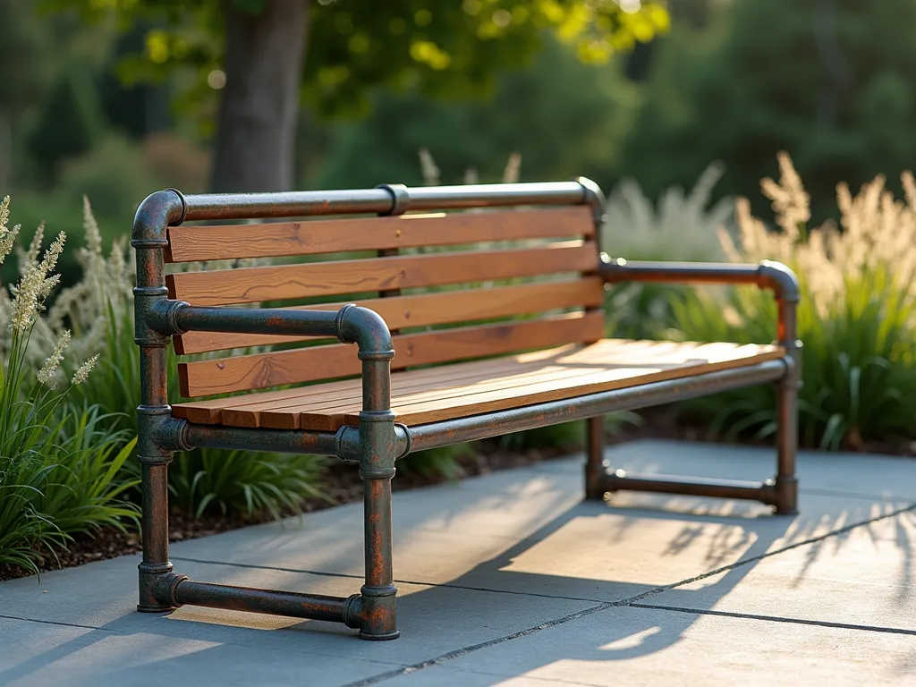 Modern Copper Pipe Garden Bench - A stylish modern garden bench made of polished copper pipes and warm teak wood slats, set against a lush garden backdrop. The copper frame shows a subtle green-blue patina, catching afternoon sunlight. The bench is positioned on a grey stone patio, surrounded by ornamental grasses and flowering perennials. Photorealistic, depth of field, warm evening lighting, architectural detail, 8k resolution