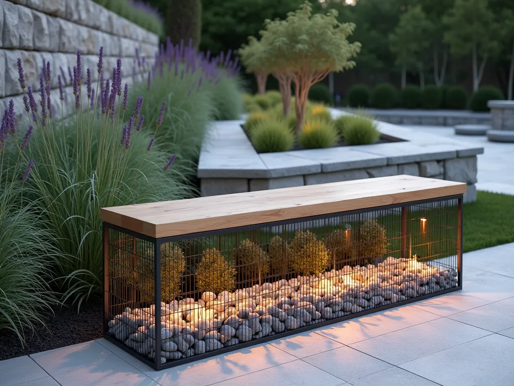 Modern Gabion Stone Garden Bench - A contemporary garden scene featuring a sleek gabion wire basket bench filled with light gray and copper-toned river rocks, topped with a smooth teak wood seat. The bench is positioned against a terraced garden wall, surrounded by ornamental grasses and lavender. Soft evening lighting casts gentle shadows through the stones, creating an artistic industrial-meets-nature aesthetic. The background shows a well-manicured small garden with stepping stones and minimal Japanese-inspired landscaping.