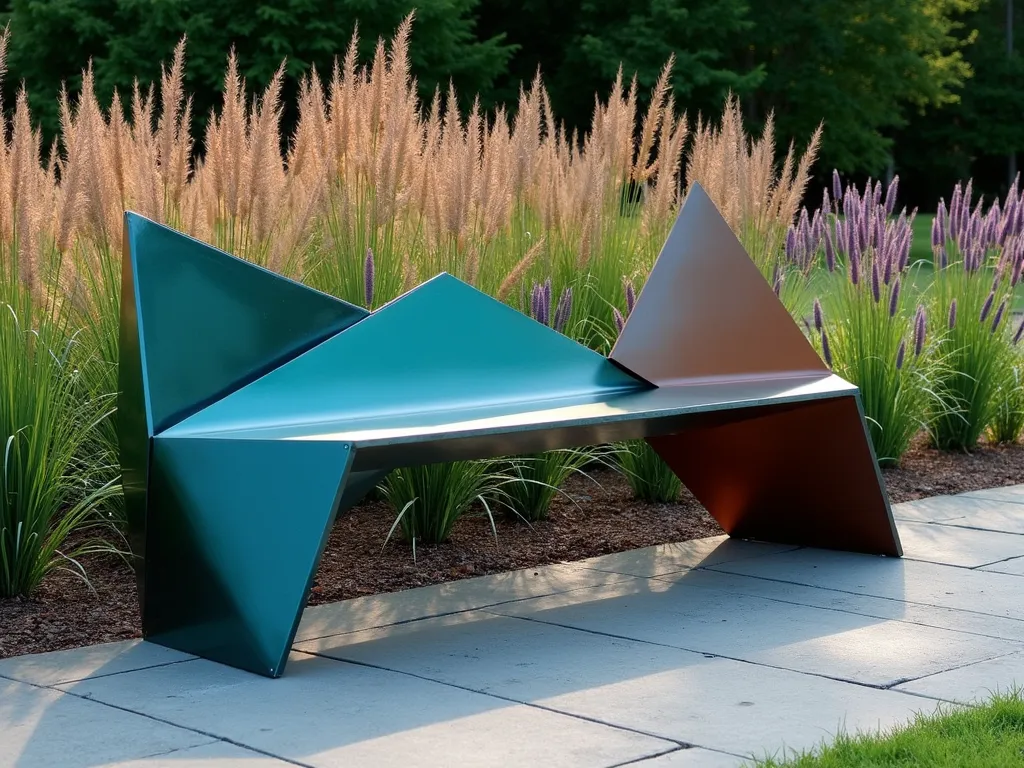 Modern Geometric Metal Garden Bench - A striking modern garden bench made of intersecting metal triangles and hexagons, powder-coated in vibrant teal and copper colors, set against a lush garden backdrop with ornamental grasses. The architectural bench features clean lines and angular shapes, creating dramatic shadows on a grey stone patio. Soft evening lighting highlights the metallic finish, while wispy Maiden grass and Purple Fountain grass sway gently behind the sculptural seating. The bench appears to float with its minimalist geometric base, measuring approximately 4 feet in length.