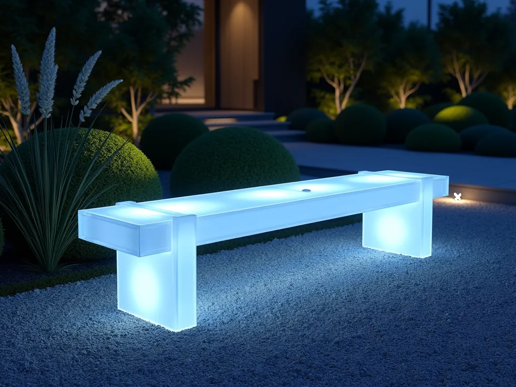 Modern LED Acrylic Garden Bench - A stunning modern garden bench made of thick transparent acrylic, softly glowing with embedded blue-white LED lights, placed in a contemporary zen garden setting at dusk. The minimalist bench appears to float above a neat gravel path, surrounded by ornamental grasses and geometric boxwood spheres. The bench's ethereal glow creates a magical atmosphere, casting gentle light patterns on the surrounding landscaping. Photorealistic, architectural visualization, mood lighting, 8k quality