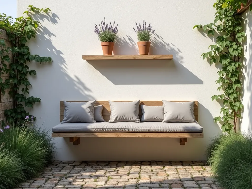 Modern Murphy-Style Fold-Down Garden Bench - A serene garden vignette featuring a sleek, wall-mounted fold-down bench in weathered teak wood against a white stucco wall, photographed in afternoon sunlight. The bench is styled with plush gray waterproof cushions and mounted beneath a floating wooden shelf displaying potted lavender and trailing ivy. Beside the bench, climbing jasmine adorns the wall, while a small cobblestone path leads to the seating area. The scene is complemented by soft natural lighting and shallow depth of field, creating an intimate and inviting atmosphere. Architectural photography style, 32mm lens.