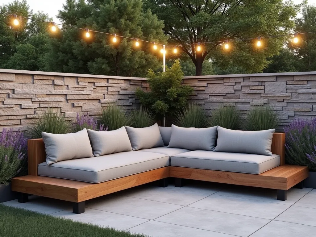 Modern L-Shaped Nesting Bench with Hidden Storage - A cozy modern patio corner featuring a sleek L-shaped wooden bench with clean lines, cushioned in light gray weatherproof fabric, nestled against a natural stone wall. A smaller matching bench with discrete wheels tucks perfectly underneath, creating a space-saving design. The corner is adorned with potted lavender and ornamental grasses, while string lights overhead create a warm ambiance. The benches feature contemporary teak wood in a natural finish, with minimalist metal accents. Photorealistic, architectural photography style, soft evening lighting, 4k HD