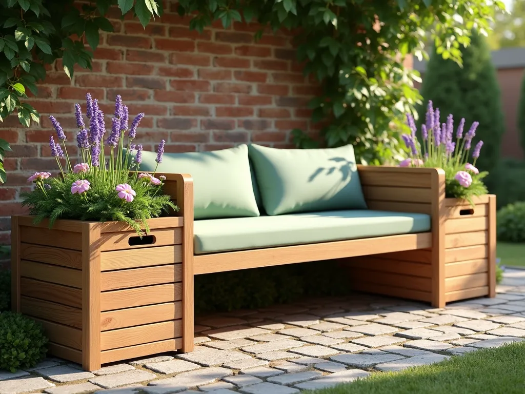 Modern Wooden Bench with Built-in Planters - A stylish 5-foot teak garden bench with integrated rectangular planters on both ends, set against a rustic brick wall with climbing jasmine. The built-in planters feature purple lavender, pink petunias, and trailing ivy. The bench has clean modern lines, weather-resistant cushions in sage green, and proper drainage holes visible in the planter bases. Soft afternoon lighting casts gentle shadows, while a small cobblestone path leads to the seating area. The scene is captured in photorealistic detail with a shallow depth of field.