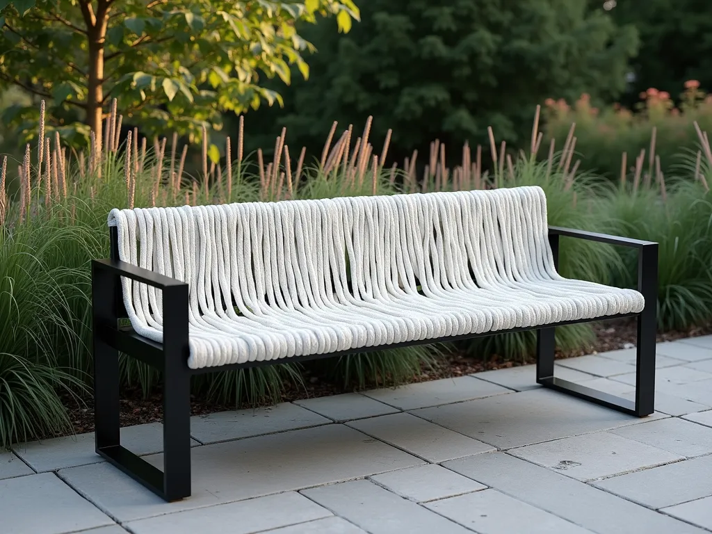 Modern Rope-Woven Garden Bench - A sleek, modern garden bench with a minimalist black metal frame and intricately woven nautical-style white marine rope creating the seat and backrest, set against a lush garden background with ornamental grasses. The bench is positioned on a stone patio, with soft evening light filtering through nearby Japanese maple leaves, creating gentle shadows on the woven rope pattern. The design appears light and airy, with a sophisticated coastal-modern aesthetic. Photorealistic, high detail, architectural photography style.