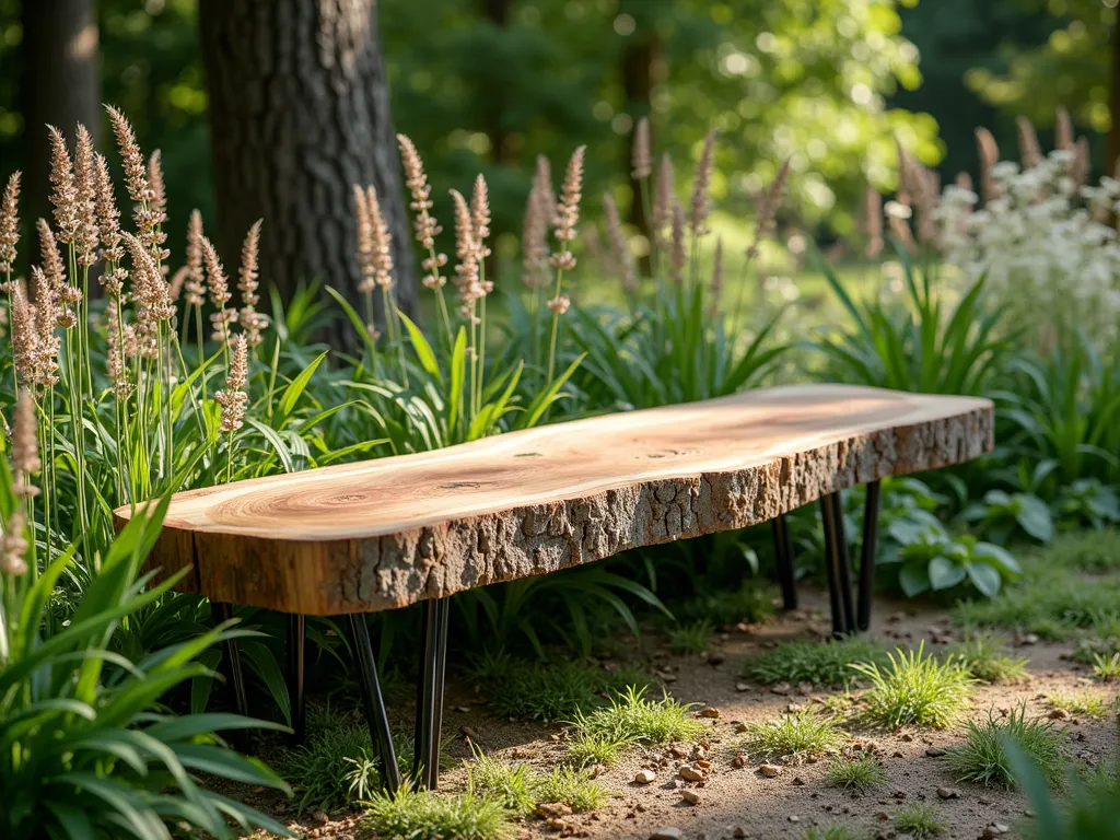 Modern Rustic Log Garden Bench - A charming garden vignette featuring a split wooden log bench with natural bark edges mounted on black steel hairpin legs, positioned in a lush garden setting. The bench is placed against ornamental grasses and flowering perennials, with dappled sunlight filtering through overhead trees. The log bench surface shows rich wood grain patterns and natural edge detail, creating an artistic blend of organic and industrial design. Photographed in high detail, soft natural lighting, f/2.8 aperture, creating a cozy and intimate garden atmosphere.