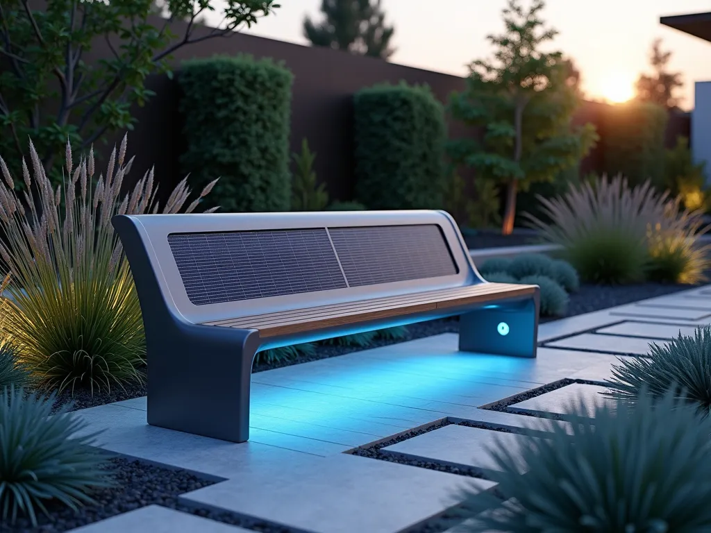 Modern Solar-Powered Garden Bench with Ambient Lighting - A sleek, modern garden bench with integrated solar panels in its curved backrest, placed in a contemporary garden setting at dusk. The bench features subtle blue LED lighting underneath and built-in USB ports that glow softly. The minimalist bench is made of brushed steel and sustainable wood, surrounded by ornamental grasses and modern landscaping. Low-voltage pathway lights lead to the bench, while Japanese forest grass and blue fescue create a tech-meets-nature aesthetic. Photorealistic, architectural photography style, soft evening lighting with the last hints of sunset in the sky.