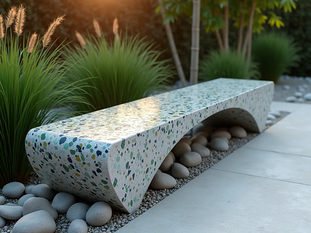 Modern Terrazzo Garden Bench in Zen Setting - A sleek, modern garden bench made of polished concrete with embedded colorful glass and stone chips creating a terrazzo pattern, positioned in a minimalist garden setting. The bench features smooth curved edges and a slight ergonomic curve for comfort. The surface shows a mix of blue, green, and amber glass chips scattered throughout the light gray concrete base. The bench is placed against a backdrop of ornamental grasses and bamboo, with smooth river stones surrounding the base. Soft evening lighting highlights the sparkle of the glass chips in the terrazzo surface. Photographed in high resolution with attention to texture detail, f/5.6, golden hour lighting.