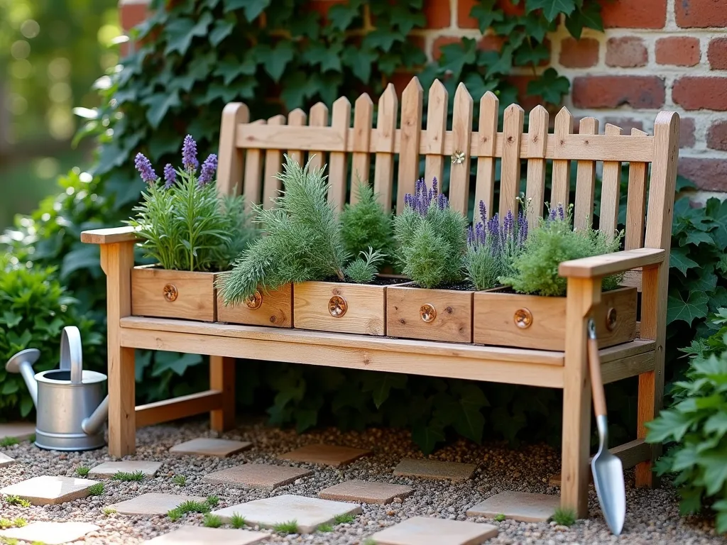 Rustic Herb Garden Bench with Built-in Planters - A charming rustic wooden garden bench with integrated herb planters built into its high slatted back, photographed in soft morning light. The bench features weathered cedar wood with a natural finish, multiple divided compartments filled with thriving Mediterranean herbs. Small copper drainage plates visible beneath each planter section. The bench is positioned against a weathered brick wall with climbing ivy, surrounded by crushed gravel and stepping stones. Lavender, sage, thyme, and rosemary spill over the planter edges, creating a fragrant cascade effect. A vintage watering can and hand trowel rest beside the bench, adding to the cottage garden atmosphere. Photorealistic, 4k, detailed textures.