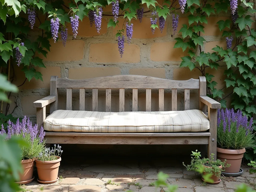 Rustic Ladder Garden Bench with Climbing Vines - A charming repurposed wooden ladder bench positioned horizontally against a weathered stone wall covered in climbing wisteria vines. The ladder features a plush, cream-colored cushion along its length, with vintage-style ticking stripe fabric. The weathered wood shows natural patina, creating a rustic farmhouse aesthetic. Soft afternoon sunlight filters through the vines, casting dappled shadows. Several potted lavender plants sit alongside the bench, while the ladder rungs create an artistic slatted backrest. Photographed in a dreamy, cottage garden setting with shallow depth of field.