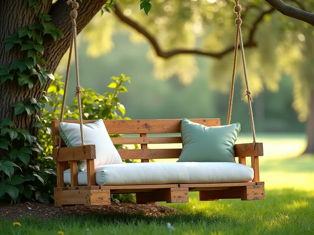 Rustic Pallet Swing in Garden Haven - A charming DIY wooden pallet swing bench suspended by natural jute ropes from a mature oak tree branch, photographed in late afternoon sunlight. The pallet has been sanded and stained to a warm honey color, adorned with plush white and sage green outdoor cushions. The swing is nestled in a cozy garden corner with climbing jasmine vines nearby, creating a dreamy atmosphere. Soft bokeh effect in background showing dappled sunlight through tree leaves. The swing bench is positioned at a slight angle to show its depth and craftsmanship, height 24 inches, photorealistic, high detail, cinematic lighting.