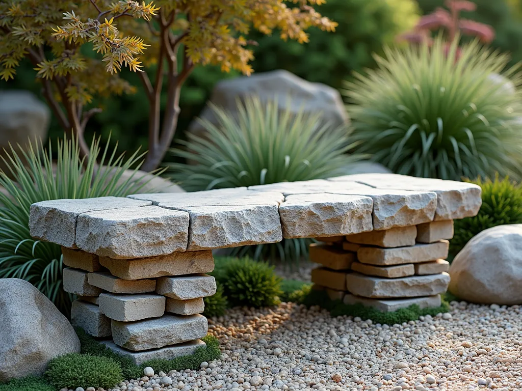 Natural Stone Garden Bench in Serene Setting - A rustic stacked stone bench crafted from flat natural stones in varying earth tones, topped with a smooth granite slab seat, nestled within a peaceful rock garden. Japanese maples and ornamental grasses provide a soft backdrop, while small succulents and moss grow between decorative rocks surrounding the bench. Soft morning light casts gentle shadows, highlighting the natural texture of the stones. Photorealistic, high detail, landscaping photography style.