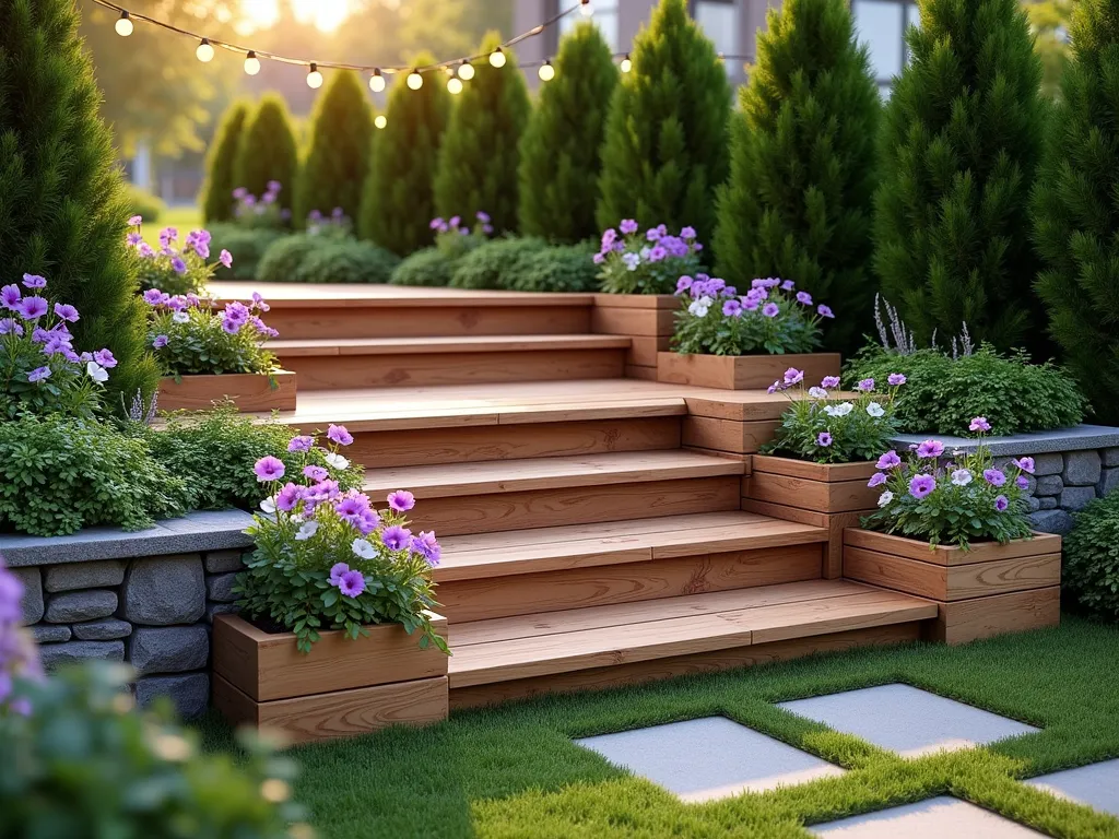 Terraced Garden Step Bench with Integrated Planters - A serene garden scene featuring a beautifully crafted wooden multi-level step bench following a gentle slope, photographed during golden hour. The bench consists of three wide cedar platforms that serve as both seating and steps, each level adorned with built-in planters filled with cascading purple petunias and white alyssum. Natural stone retaining walls support each level, partially covered in creeping thyme. Japanese forest grass and ornamental ferns soften the edges, while string lights draped overhead create a magical ambiance. The bench is positioned against a backdrop of mature evergreen shrubs, creating an intimate garden nook. Photorealistic, architectural detail, 4k, detailed textures.