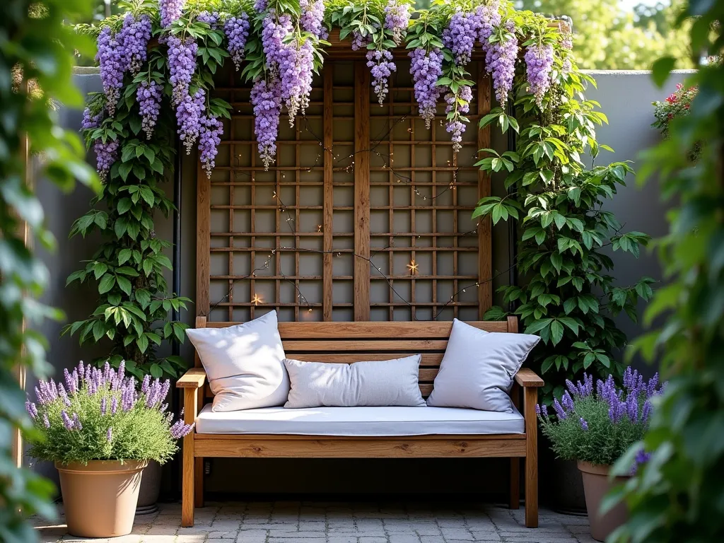 Enchanted Vertical Garden Bench Haven - A serene garden scene featuring a handcrafted wooden bench with a weathered teak finish, set against a tall decorative wooden trellis. The trellis is abundantly covered with blooming purple wisteria and emerald green climbing jasmine, creating a natural privacy screen. Soft afternoon sunlight filters through the foliage, casting dappled shadows on the comfortable bench below. Small potted lavender plants flank either side of the bench, while delicate fairy lights are intertwined with the climbing vines, creating a magical atmosphere. The intimate setting is photographed in a portrait orientation with a shallow depth of field, highlighting the cozy seating area against the living wall.