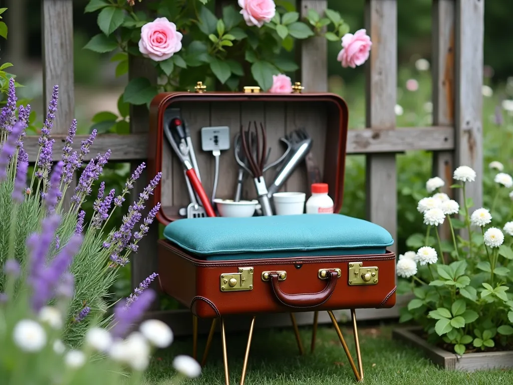 Whimsical Vintage Suitcase Garden Bench - A charming retro hardshell suitcase transformed into a garden seat, featuring brass-colored hairpin legs and a plush waterproof teal cushion, positioned in a cottage garden setting. The vintage brown leather suitcase is weatherproofed and slightly open, revealing organized garden tools inside. Surrounded by blooming lavender and white daisies, with climbing roses on a weathered wooden trellis in the background. Soft natural lighting, shallow depth of field, photographic style