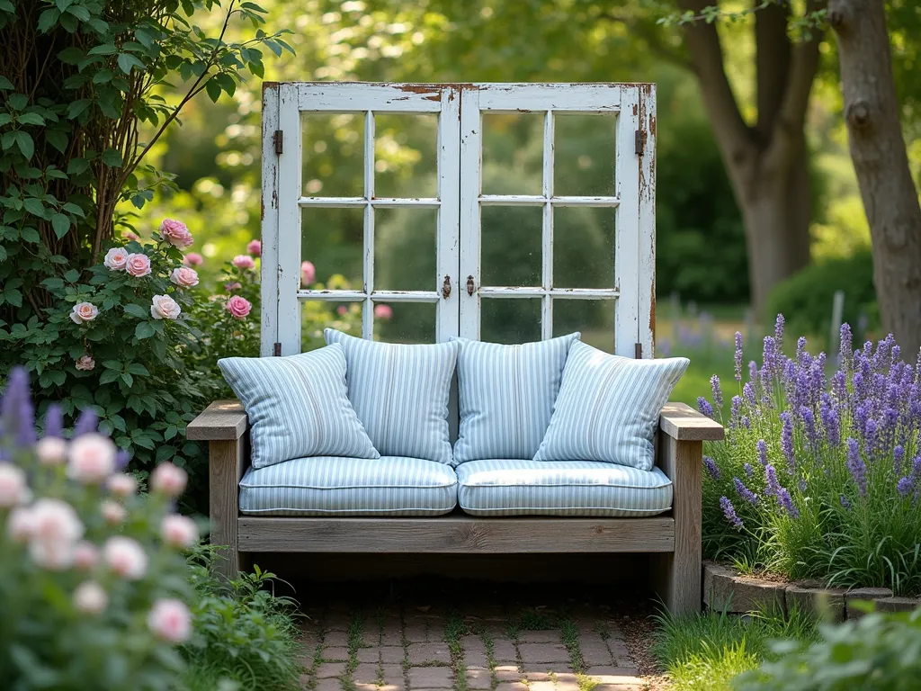 Vintage Window Frame Garden Bench - A charming garden bench made from reclaimed materials, featuring two antique white-painted window frames as the backrest, connected to a rustic wooden seat base. The bench sits in a cozy garden corner surrounded by climbing roses and lavender. Comfortable light blue and white striped weather-resistant cushions adorn the seat. Soft natural lighting creates a dreamy cottage garden atmosphere, with dappled sunlight filtering through nearby trees. The weathered window frames maintain their vintage character while showing careful restoration, with clean glass panes that reflect the surrounding greenery. Photorealistic, detailed craftsmanship, cottagecore aesthetic.