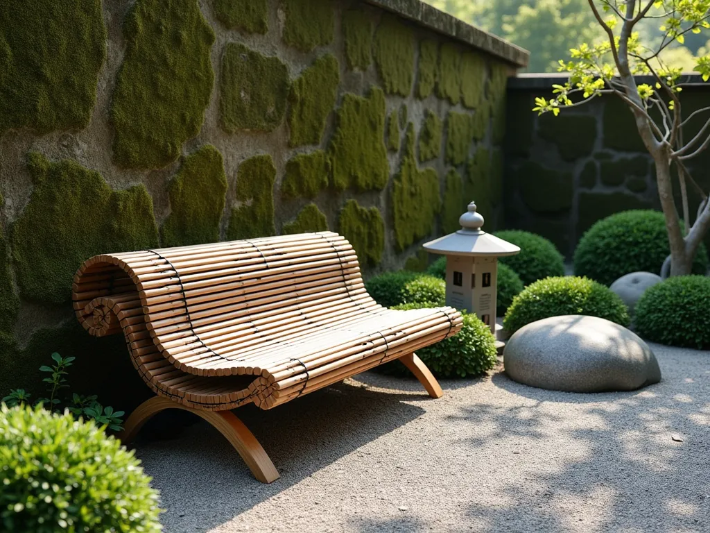 Zen Garden Bamboo Roll-Up Bench - A serene Japanese zen garden setting with a handcrafted bamboo roll-up bench placed against a moss-covered stone wall. The bench features natural bamboo slats connected by elegant black cord in a modern design. Surrounding the bench are carefully placed ornamental grasses, dwarf Japanese maples, and smooth river rocks. The scene is captured in soft morning light, creating gentle shadows that highlight the bench's flexible, organic form. A small stone lantern and carefully raked gravel complete the peaceful meditation space.