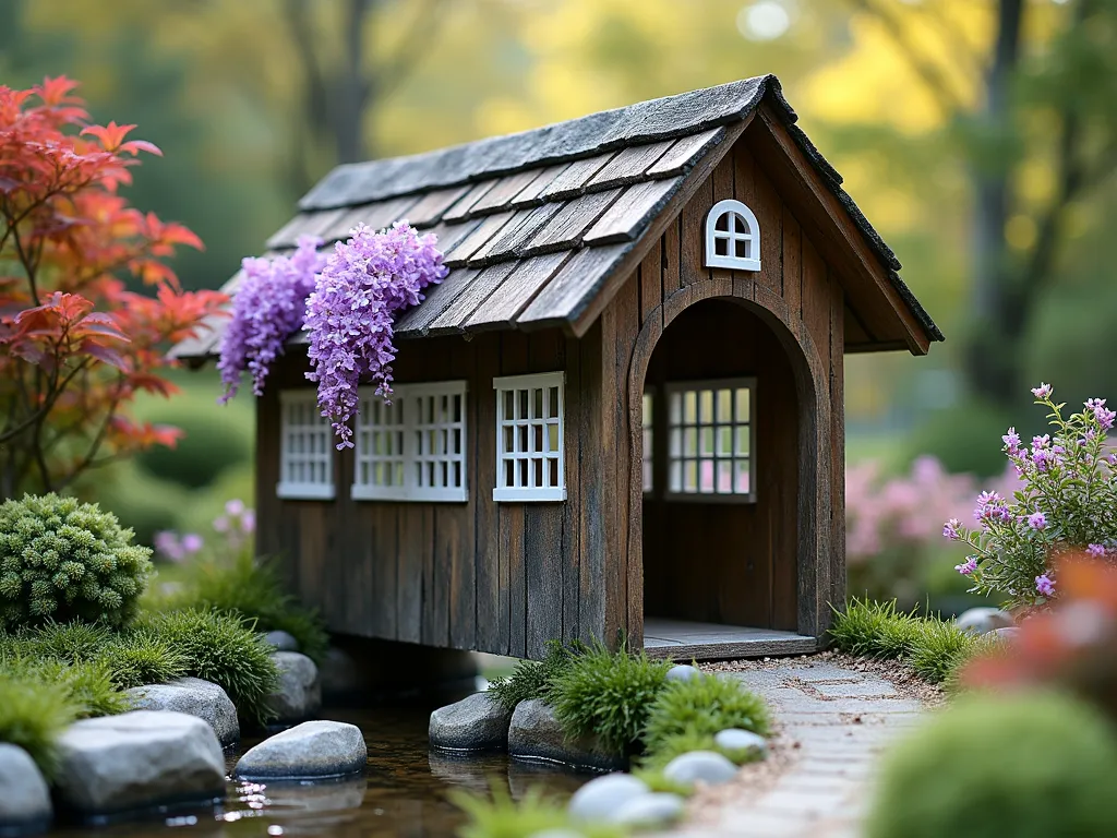 Charming Covered Garden Bridge - A picturesque miniature covered bridge in a lush garden setting, scaled perfectly for a residential landscape. The bridge features a classic New England-style wooden construction with a peaked roof covered in cedar shingles. Delicate white lattice windows line both sides, while purple wisteria vines gracefully climb up the structure. The bridge spans over a small decorative stream with water-smoothed rocks below. Soft morning light filters through the surrounding Japanese maples and flowering shrubs, creating a magical atmosphere. The weathered wood texture adds rustic charm while maintaining architectural elegance.