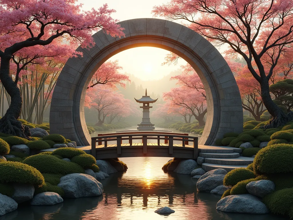 Enchanting Moongate Garden Bridge - A serene traditional Chinese moongate bridge in a Japanese garden setting, photographed at golden hour. The circular moongate archway is crafted from weathered natural stone with intricate details, spanning a gentle stream. The bridge portion features elegant wooden planks and minimalist railings. Cherry blossoms and Japanese maples frame the scene, with their branches gracefully extending through the circular opening. Moss-covered stones line the water's edge, while bamboo groves create a peaceful backdrop. The circular opening perfectly frames a stone lantern and carefully manicured bonsai in the distance, creating a mesmerizing view through the portal.