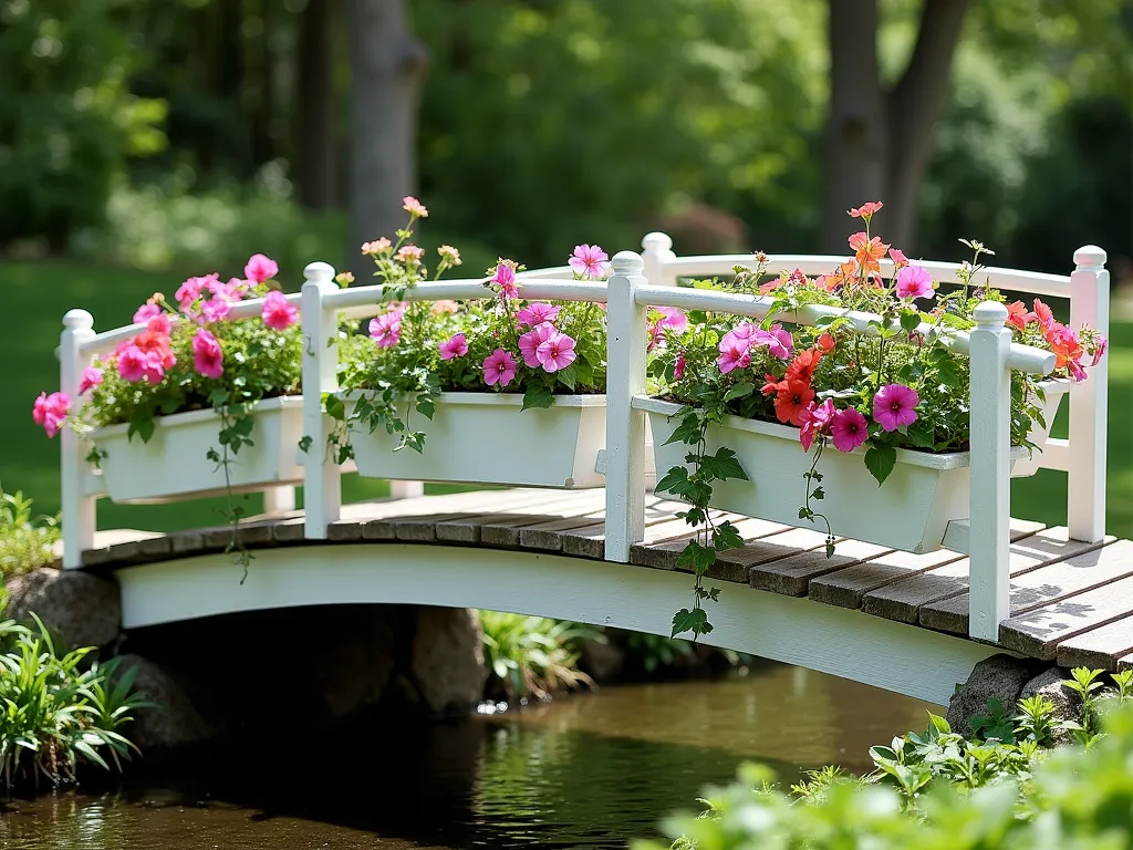 Bridge with Built-in Container Gardens - A charming wooden garden bridge with built-in planter boxes along its railings, surrounded by lush landscaping. The bridge spans a small stream, featuring cascading flowering plants and trailing vines spilling over white-painted wooden planter boxes integrated into the bridge's design. Colorful petunias, verbena, and ivy create a flowing waterfall effect from the containers. The bridge is photographed from a 3/4 angle in natural daylight, with soft shadows and dappled sunlight filtering through nearby trees. The overall scene has a cottage garden aesthetic with a practical yet romantic appeal.