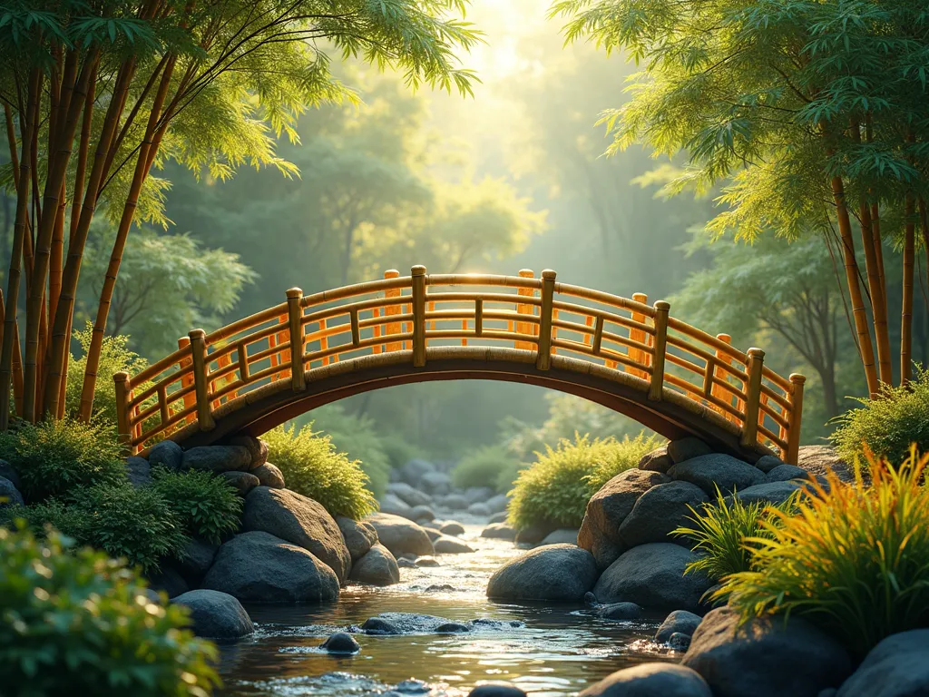 Curved Bamboo Rainbow Bridge in Tropical Garden - A gently curved garden bridge made of golden bamboo poles forming a graceful rainbow arch, set in a lush tropical garden setting. The bridge spans over a small stream with smooth river rocks below. Natural sunlight filters through bamboo trees in the background, creating a serene and magical atmosphere. Japanese maples and tropical foliage frame the scene, while ornamental grasses sway beneath the bridge. Photorealistic, high detail, natural lighting, peaceful zen atmosphere.