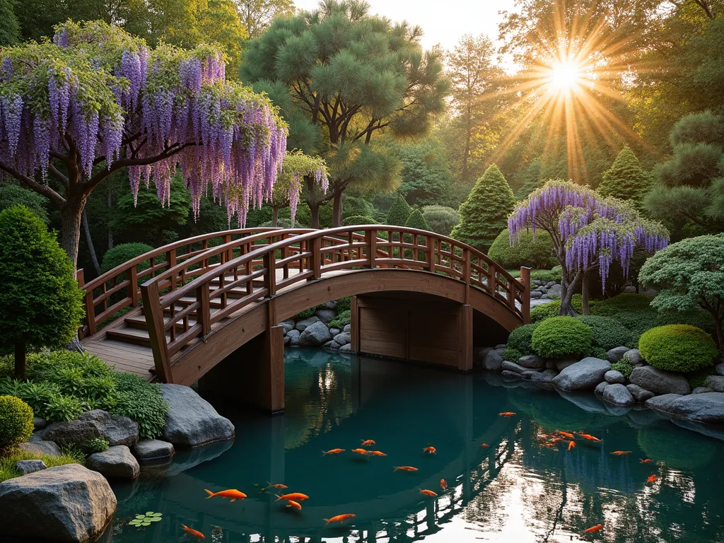 Elegant Spiral Garden Bridge - A breathtaking curved wooden bridge with ornate railings spiraling gracefully over a tranquil koi pond in a Japanese-inspired garden. The bridge's artistic curves are highlighted by climbing wisteria vines with cascading purple blooms. Surrounded by carefully manicured Japanese maples, dwarf conifers, and ornamental grasses. The scene is captured during golden hour, creating warm, dramatic lighting that emphasizes the bridge's architectural beauty. Crystal-clear water below reflects the structure's elegant curves.