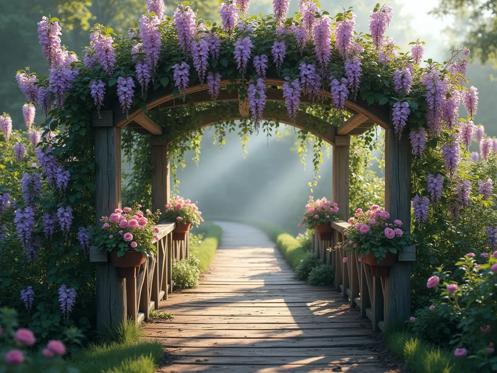 Enchanted Living Plant Bridge - A whimsical garden bridge with a graceful arched structure covered in blooming wisteria and climbing roses. The wooden railings feature built-in planter boxes overflowing with cascading flowers in purple and pink hues. The bridge spans a small stream, with morning light filtering through the flowering vines creating dappled shadows on the weathered wood planks below. The scene is captured in a dreamy, ethereal style with soft natural lighting and mist in the background.