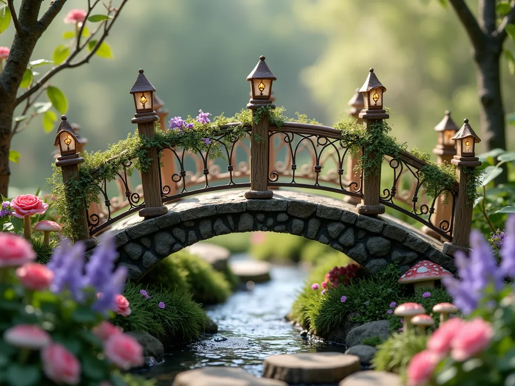 Enchanted Fairy Tale Garden Bridge - A whimsical arched garden bridge with ornate wrought iron railings featuring delicate spiral patterns and tiny copper lanterns. The bridge structure has carved wooden posts topped with miniature turreted spires in soft pastel colors. Climbing roses and wisteria gracefully wind around the railings. The bridge spans over a small stream with stepping stones, surrounded by clusters of pink and purple wildflowers, fairy lights, and mushroom sculptures. Shot in dreamy natural lighting with soft bokeh effect, photorealistic style.