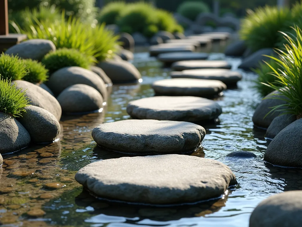 Zen Floating Stepping Stone Bridge - A serene Japanese-inspired garden scene featuring large, flat natural granite stepping stones floating across a narrow stream. The stones are artfully spaced and appear to hover just above crystal-clear water. Surrounding the crossing are ornamental grasses, small moss patches, and smooth river rocks. The scene is captured in soft natural daylight with subtle shadows creating depth. The stepping stones follow a gentle curved path through the water, creating an inviting and tranquil atmosphere.